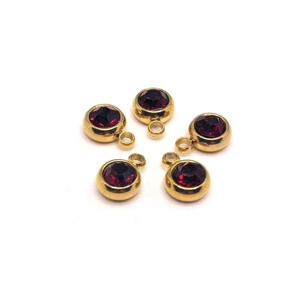 303 Stainless Steel, 18k Gold, Dark Red January Birthstone Rhinestone Charms, 8x6mm